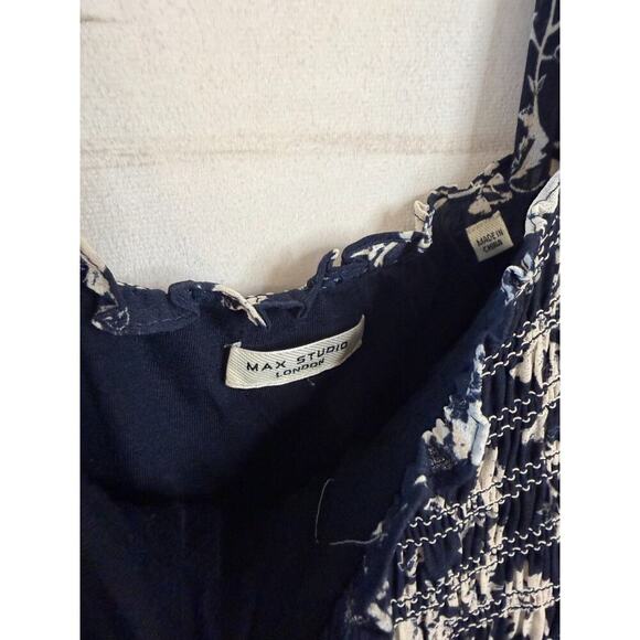 Max Studio Maxi Dress Smocked Ruffled Blue White Print Est. Size SM Preppy Cute - Picture 5 of 6